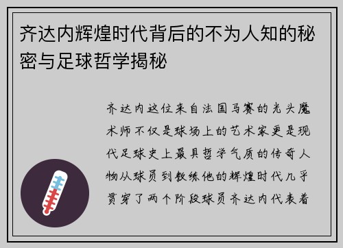 齐达内辉煌时代背后的不为人知的秘密与足球哲学揭秘