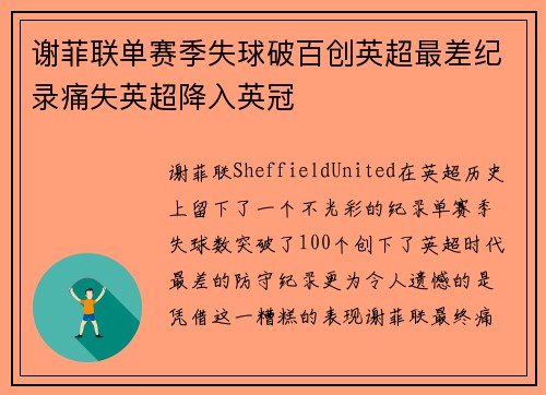 谢菲联单赛季失球破百创英超最差纪录痛失英超降入英冠
