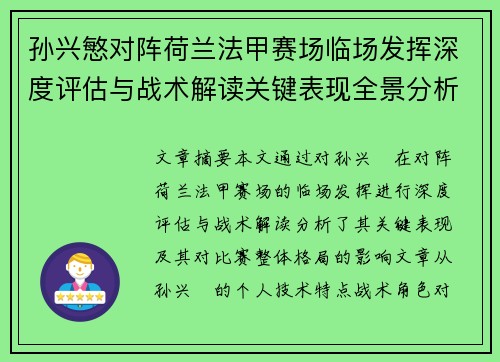 孙兴慜对阵荷兰法甲赛场临场发挥深度评估与战术解读关键表现全景分析